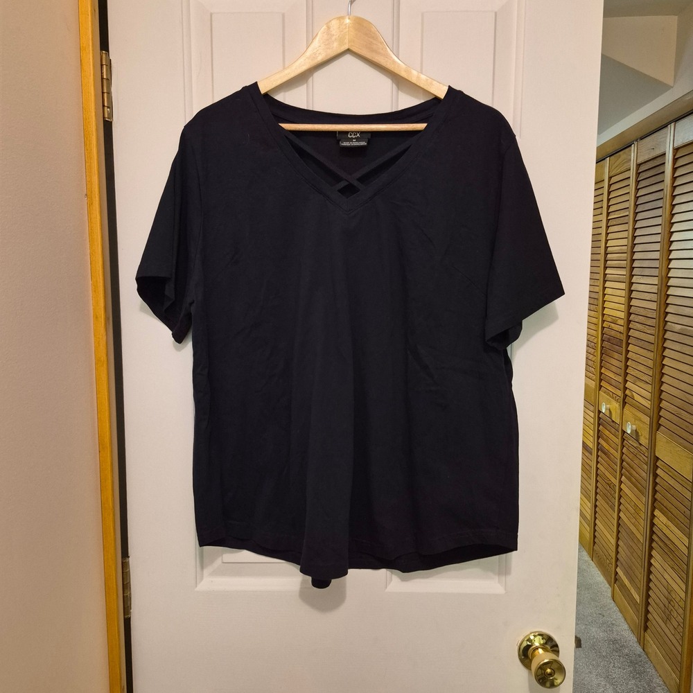 CCX Black Criss Cross V-Neck Short Sleeve T-Shirt Plus Size Relaxed Fit Tee